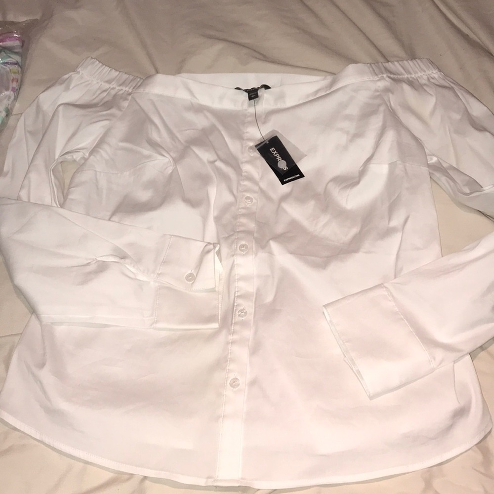 White off the shoulder dress shirt